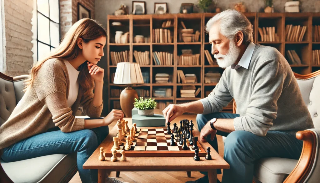 Two adults playing chess in a cozy home library, focused on strategic moves. This scene highlights the effectiveness of strategy games to improve concentration for adults and boost mental sharpness.