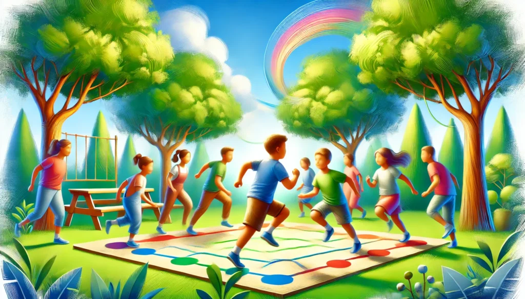 Children playing 'Simon Says' in a vibrant outdoor park, mid-motion as they follow instructions, promoting focus and working memory development.