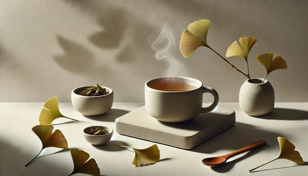 A minimalist composition featuring a steaming cup of ginkgo tea in a matte ceramic mug on a stone surface. Soft shadows of ginkgo leaves in the background enhance the contemporary and calming aesthetic, with small bowls of dried leaves and a wooden spoon included