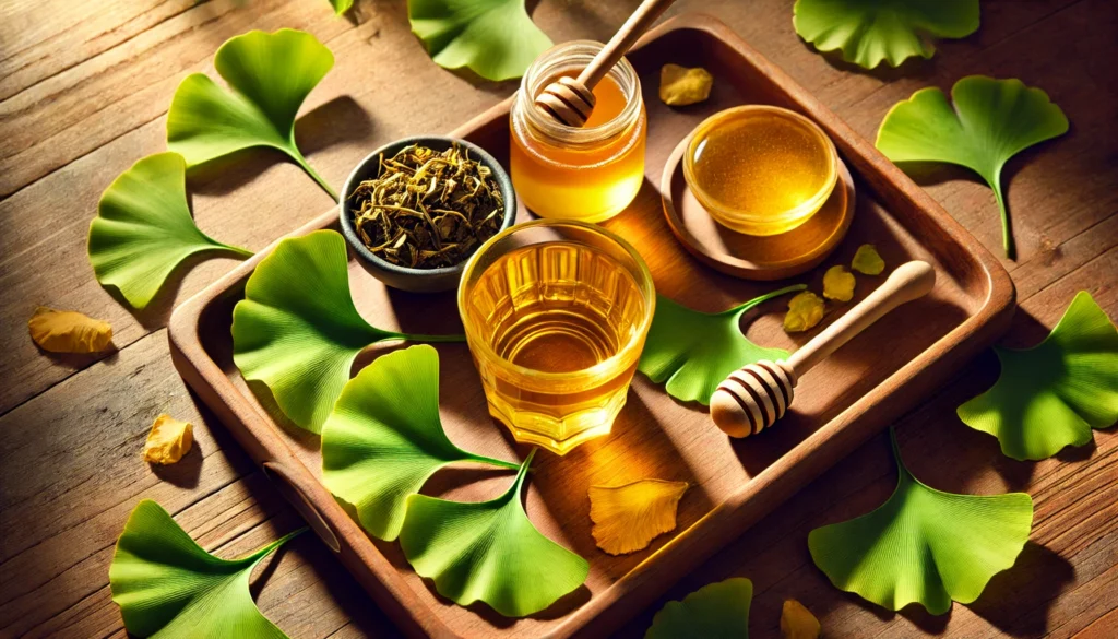 An overhead view of a wooden tray holding a glass of golden ginkgo tea, surrounded by fresh green ginkgo leaves, dried ginkgo leaf tea, and a small honey jar. Natural light and soft shadows create a vibrant and inviting ambiance