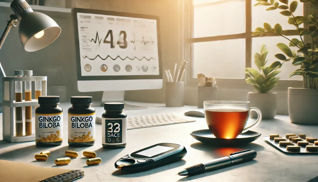 Modern workspace featuring Ginkgo biloba supplements, a blood sugar monitoring device, and a cup of herbal tea on the desk, illuminated by soft natural light, symbolizing health and balanced living.