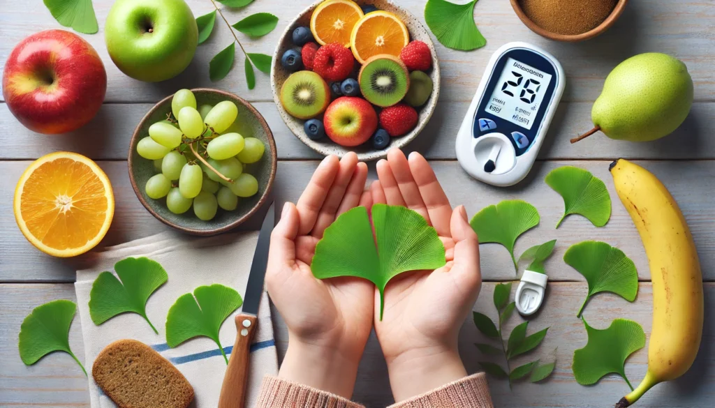 Person holding Ginkgo biloba leaves next to a plate of fresh fruits and a blood sugar testing kit on a bright kitchen counter, emphasizing natural management of blood sugar levels.