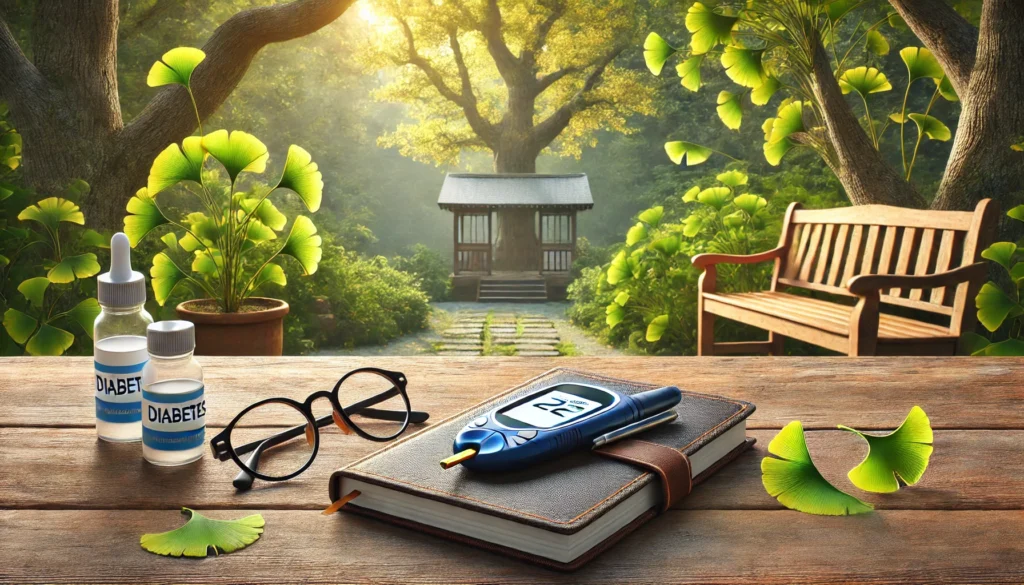 Serene outdoor setting with Ginkgo biloba trees and a diabetes management journal on a wooden bench, highlighting the natural approach to managing blood sugar levels.