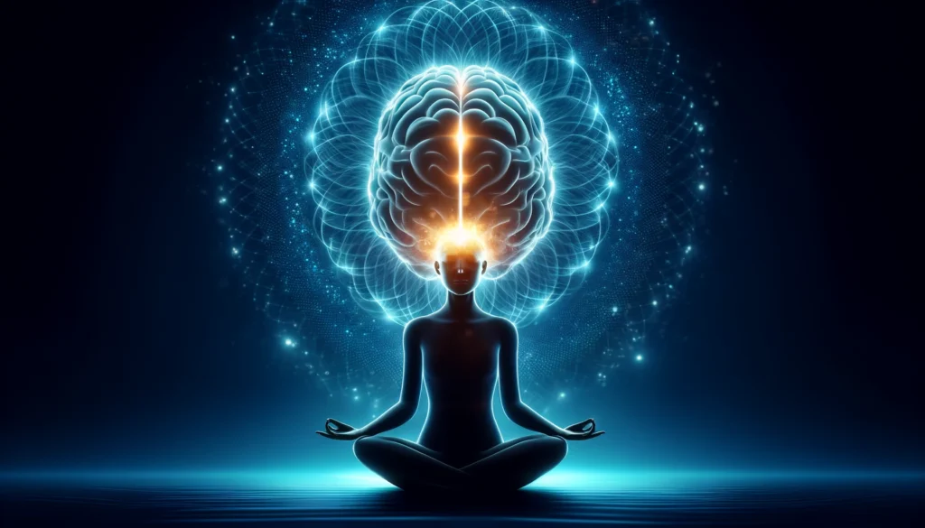 A serene image of a person meditating with a glowing brain, symbolizing mindfulness as a memory-boosting exercise. The energy waves around the head represent focus, cognitive clarity, and the power of mental relaxation to improve recall.