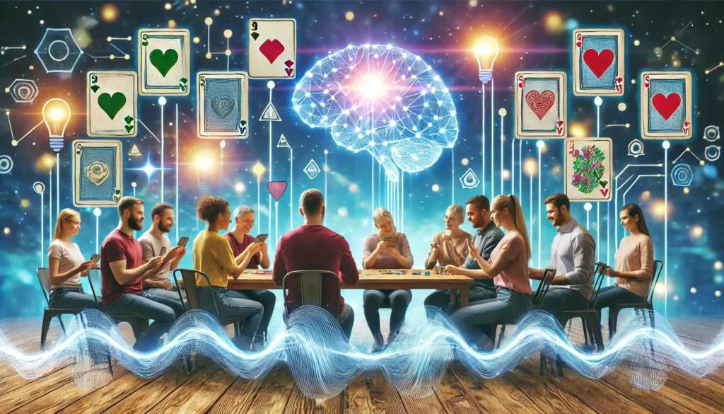 A lively scene of a group of people engaging in a memory card game, with glowing brain waves symbolizing cognitive engagement. The bright atmosphere represents the social and mental benefits of interactive memory exercises in everyday life.