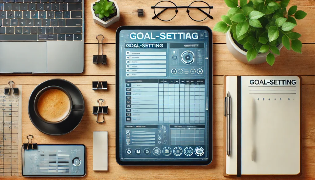 A digital goal-setting worksheet displayed on a tablet screen, placed on a modern desk with office supplies, a coffee cup, and a potted plant, representing productivity and planning in a digital format