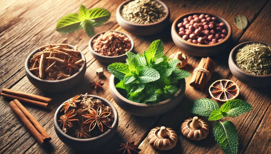 A close-up of dried and fresh herbs for mental clarity, including ashwagandha, rhodiola, and peppermint, arranged in ceramic bowls on a wooden surface. The soft glow emphasizes their cognitive-enhancing benefits.