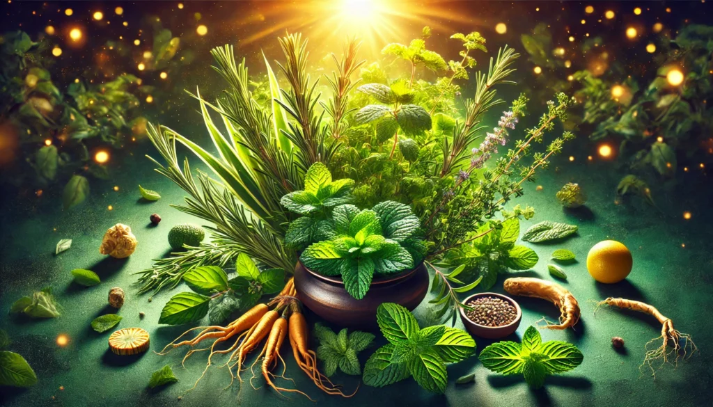 A vibrant garden filled with fresh focus-enhancing herbs such as rosemary, ginseng, and peppermint. The sun casts a warm glow over the lush greenery, symbolizing natural energy and mental sharpness.