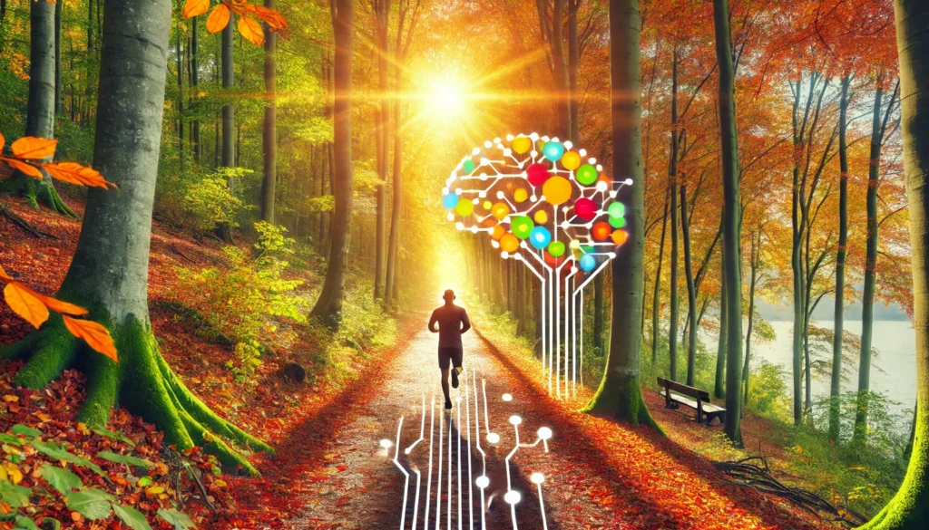 A vibrant scene of a person jogging on a forest trail during autumn, symbolizing the link between physical exercise and memory enhancement, with colorful leaves and sunlight filtering through trees.