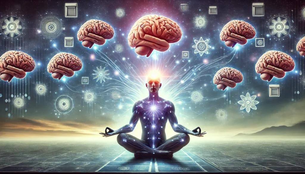 A conceptual depiction of memory boost techniques, illustrating a person meditating while their brain emits a radiant glow. Floating memory fragments are being organized into place, symbolizing mental clarity and memory refinement.