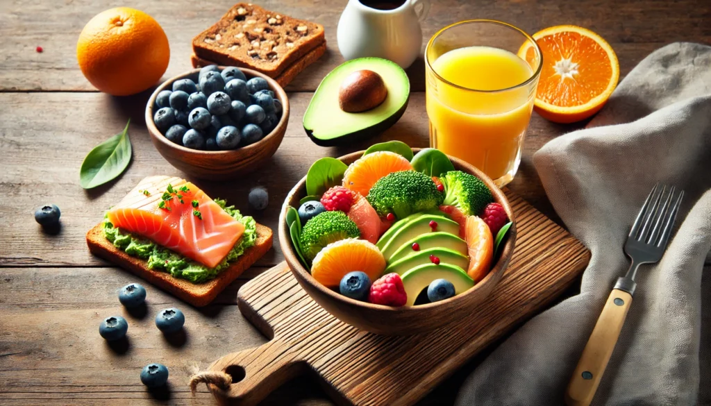 A wholesome breakfast spread on a wooden table, including mixed berries, orange juice, whole-grain toast, and a salmon-topped avocado salad, representing brain-supportive foods for memory improvement.