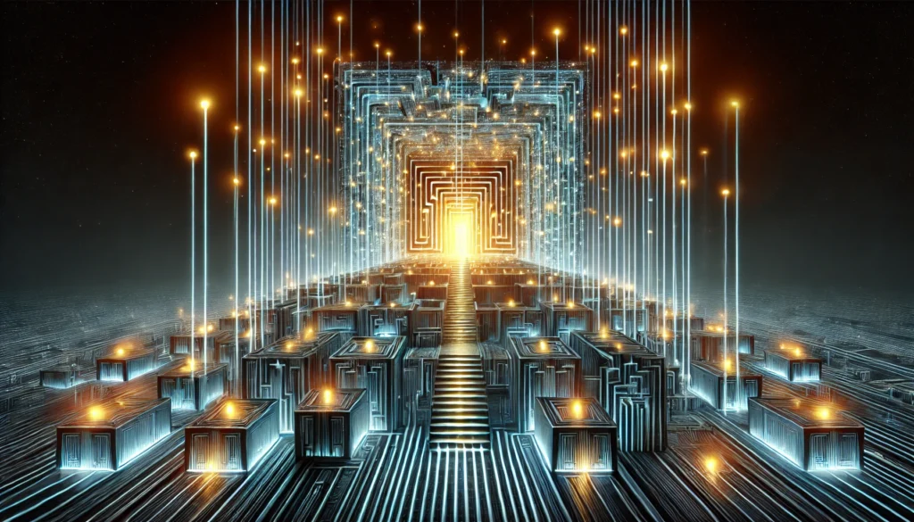 An abstract representation of a memory palace forming in the mind, with glowing corridors filled with stored knowledge. The structured pathways symbolize advanced memorization and recall techniques.