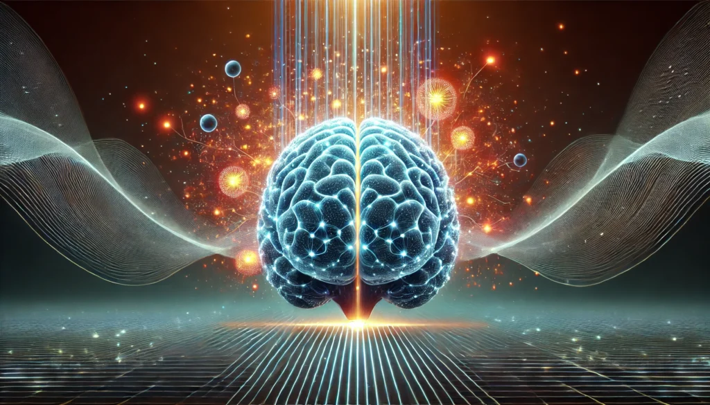 A surreal visualization of a brain absorbing glowing knowledge particles, symbolizing memory retention techniques. The particles seamlessly integrate into the brain, representing improved cognitive recall.