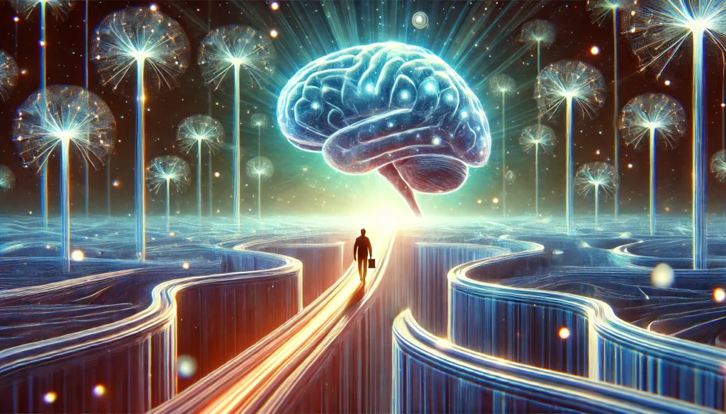 A metaphorical visualization of long-term memory retention. A person walks along a glowing, futuristic pathway where each step strengthens and solidifies a memory. Floating neural links and memory fragments surround the scene, symbolizing how repetition and experience enhance recall over time. The atmosphere is dynamic and dreamlike, representing the cognitive process of encoding and retaining long-term memories.