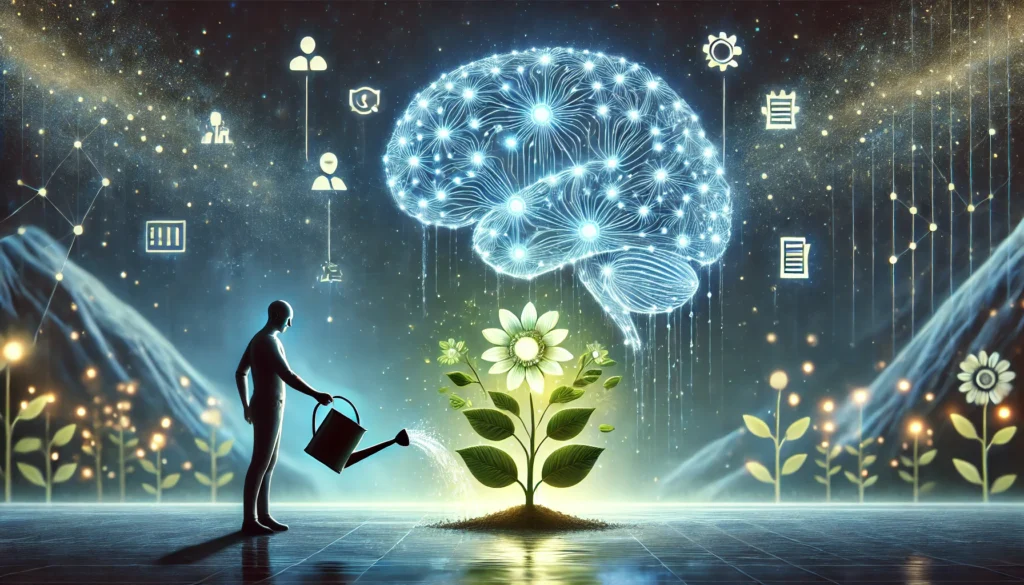 A person watering a glowing brain-shaped plant, with memory icons growing as flowers, symbolizing how learning, sleep, and reinforcement enhance memory over time.