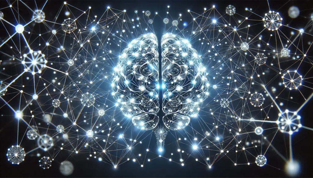 A futuristic representation of a brain with interconnected glowing nodes, symbolizing heightened mental capacity and unlocked cognitive power. The network of energy lines illustrates intelligence, problem-solving, and limitless potential.