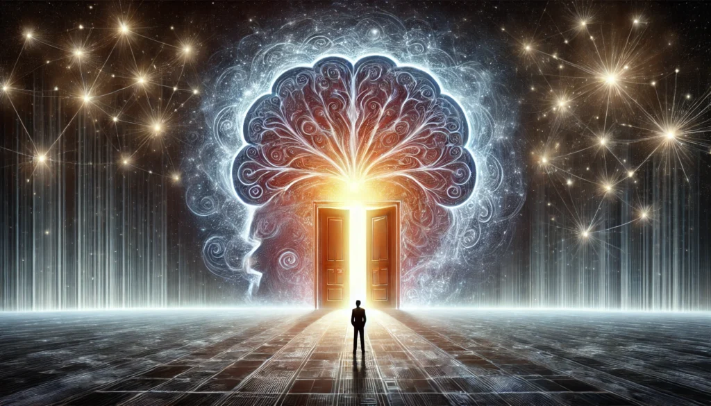 A mystical scene of a human silhouette standing before a massive, radiant doorway of knowledge, symbolizing the unlocking of hidden brain potential. The glowing portal represents new insights, wisdom, and intellectual growth.