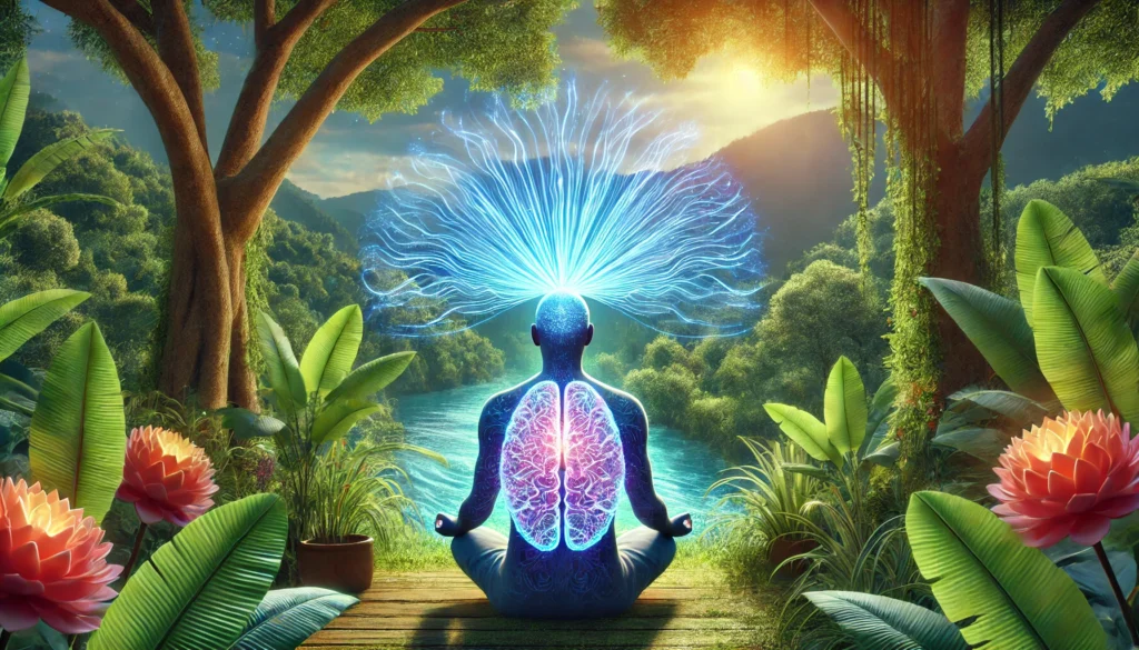 A person meditating in a tranquil natural setting, with glowing brain waves radiating outward. The serene environment with lush greenery symbolizes mindfulness as a short-term memory enhancement technique.