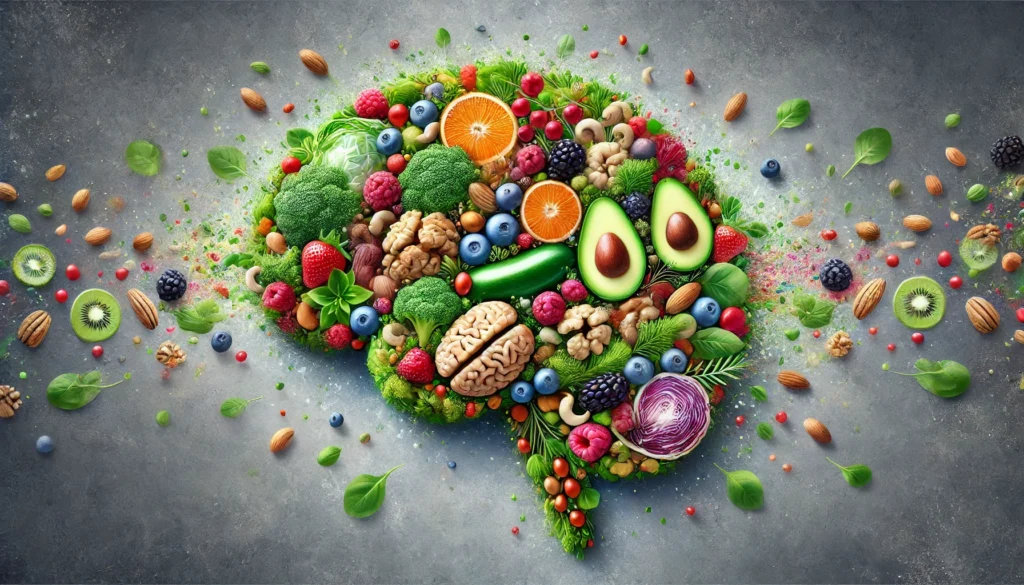 A vibrant composition of healthy foods, including nuts, berries, and leafy greens, forming the shape of a brain. This visual represents the role of nutrition in improving short-term memory and cognitive function.