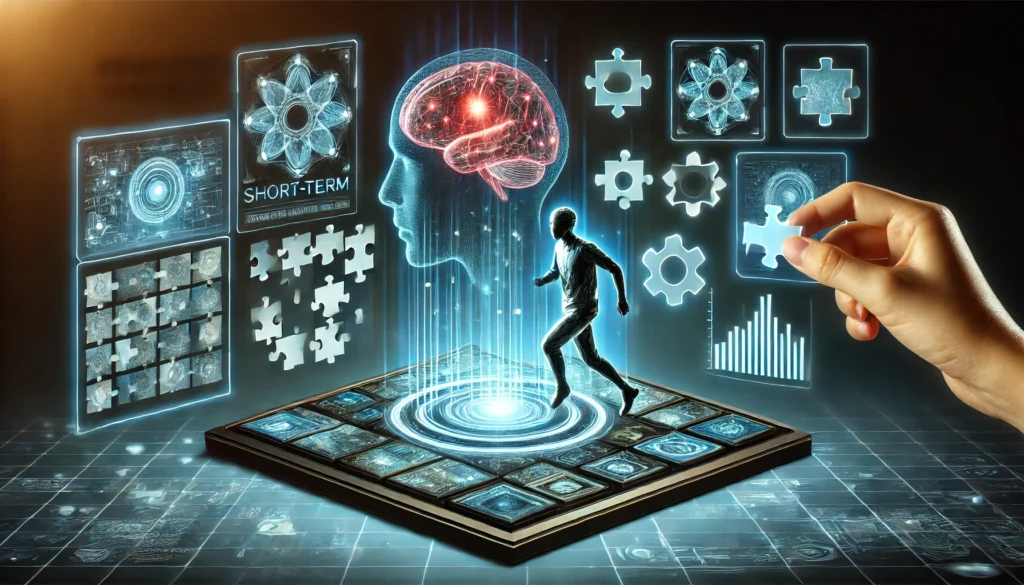 A futuristic scene depicting a person engaging in memory training exercises, surrounded by glowing digital interfaces, floating puzzle pieces, and holographic memory sequences. This represents brain training for short-term memory improvement.