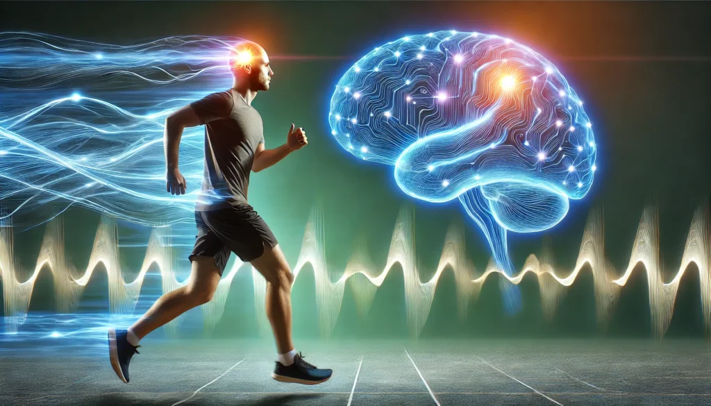 A person jogging or performing aerobic exercise, with glowing brain waves symbolizing improved cognitive function. The scene highlights the link between physical activity and short-term memory enhancement.