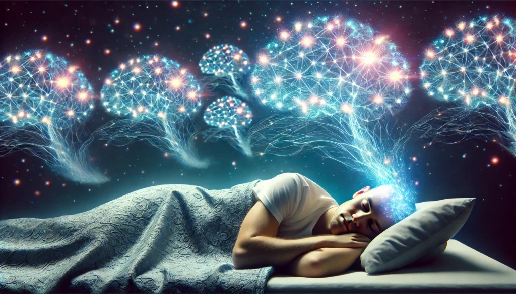 A serene, dreamlike depiction of a person peacefully sleeping, with glowing neural pathways forming above their head. The image emphasizes the role of quality sleep in short-term memory consolidation and cognitive well-being.