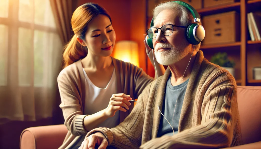 A dementia patient engaging in a music therapy session, listening to familiar tunes with headphones while a caregiver provides support. The warm and calming setting emphasizes music as a method to enhance memory in dementia patients.