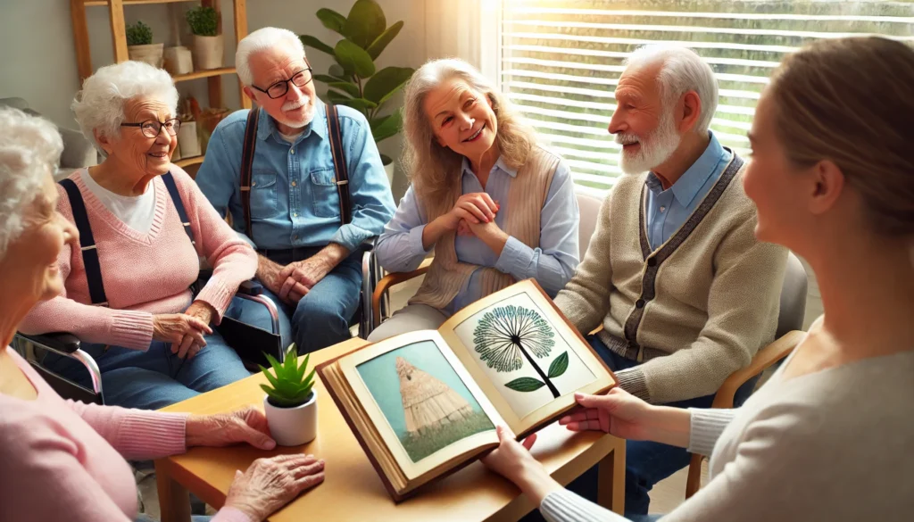 A group of elderly individuals with dementia participating in a memory-stimulating activity, such as storytelling or a guided conversation. The friendly and engaging atmosphere highlights social interaction as a memory-enhancing technique.