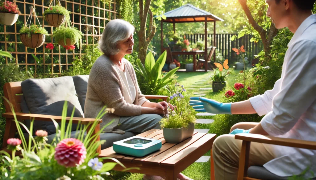 A serene outdoor setting where a dementia patient is engaging in a sensory garden activity, feeling the textures of plants and flowers. The calming environment symbolizes nature-based therapy as a way to enhance memory.