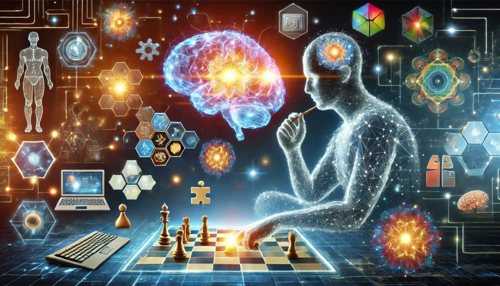 An abstract depiction of a person engaging in brain-training activities, such as solving puzzles and playing strategy games, with glowing cognitive pathways. The bright neural networks represent enhanced cognitive flexibility and problem-solving skills.An abstract depiction of a person engaging in brain-training activities, such as solving puzzles and playing strategy games, with glowing cognitive pathways. The bright neural networks represent enhanced cognitive flexibility and problem-solving skills.