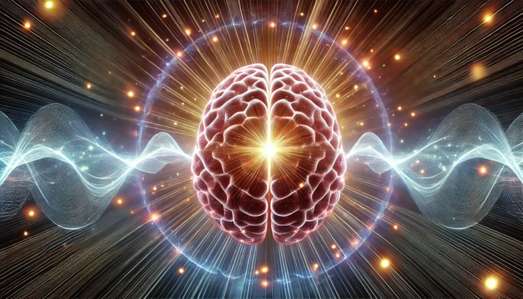 A futuristic representation of a brain expanding its neural pathways through meditation and mindfulness exercises. The glowing energy waves symbolize enhanced focus, memory retention, and cognitive adaptability.