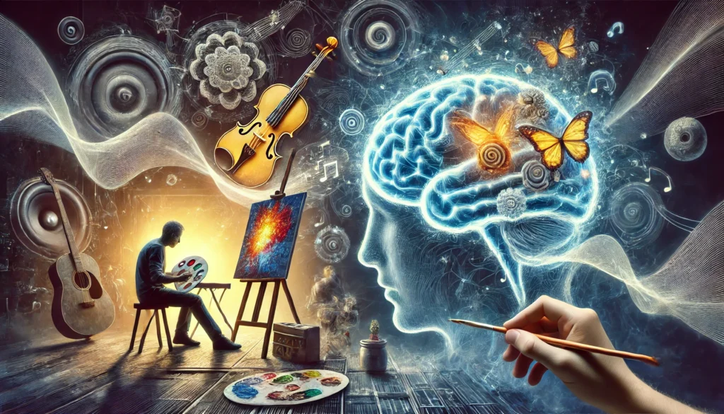 A surreal image of a person engaging in creative activities such as painting and playing a musical instrument, with glowing brain waves. The image represents how artistic expression enhances cognitive skills, problem-solving, and memory.