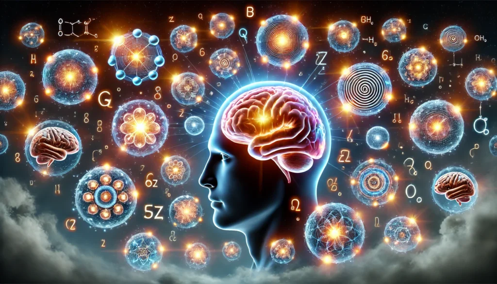 A surreal depiction of a human brain surrounded by floating memory orbs, symbolizing various memorization techniques for fast learning. Each orb glows with energy, representing different strategies for quick recall.