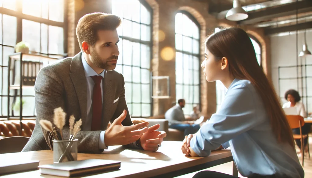 A manager engaging in a one-on-one discussion with an employee in a bright office, emphasizing how to prevent employee burnout through open communication and empathetic leadership.