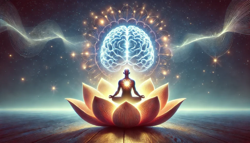 A symbolic depiction of meditation boosting memory skills, showing a person sitting in a meditative pose inside a glowing lotus. A radiant brain emits gentle energy waves, symbolizing the power of meditation in strengthening memory and focus.