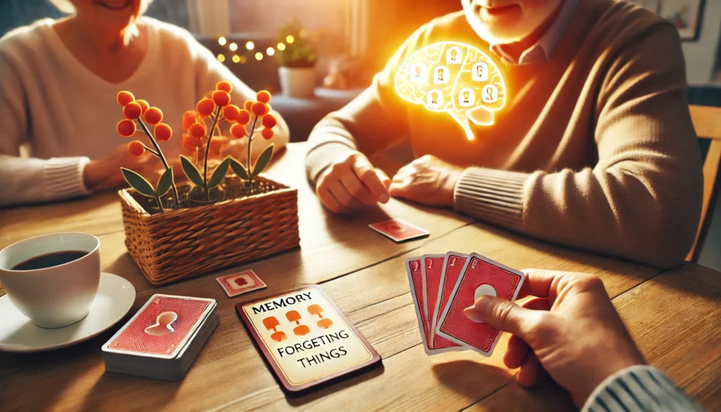 Two people playing a memory card game at a cozy table, symbolizing cognitive exercises and social interaction as ways to prevent forgetting things.