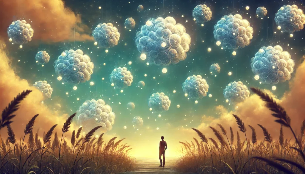 A dreamlike representation of mindfulness improving memory skills, illustrating a tranquil landscape with floating memory orbs gently glowing in the air. A person walks through the scene, touching the orbs, symbolizing mindfulness in recalling and organizing thoughts.