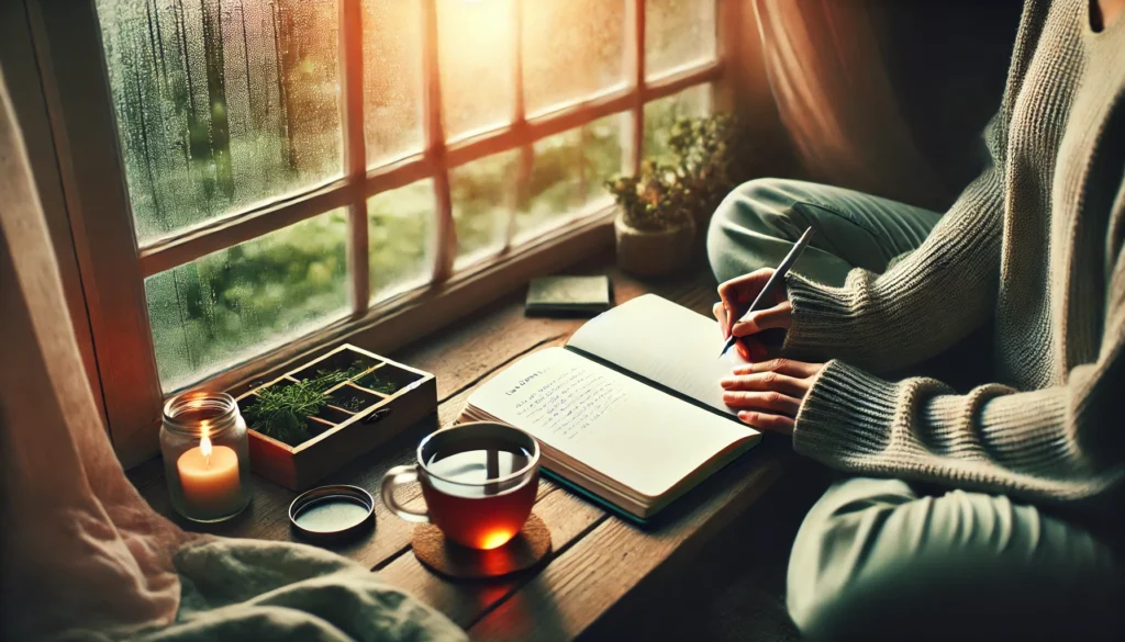 A person sitting by a window with a cup of tea, journaling in a notebook, symbolizing self-reflection and organization to prevent forgetting things, in a cozy and peaceful setting.