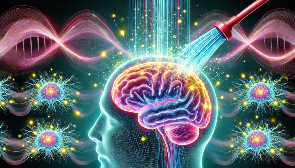 A conceptual depiction of brain cells being cleansed by glowing energy waves, symbolizing the reduction of harmful plaque buildup. The vibrant energy flows represent detoxification and enhanced neurological function.