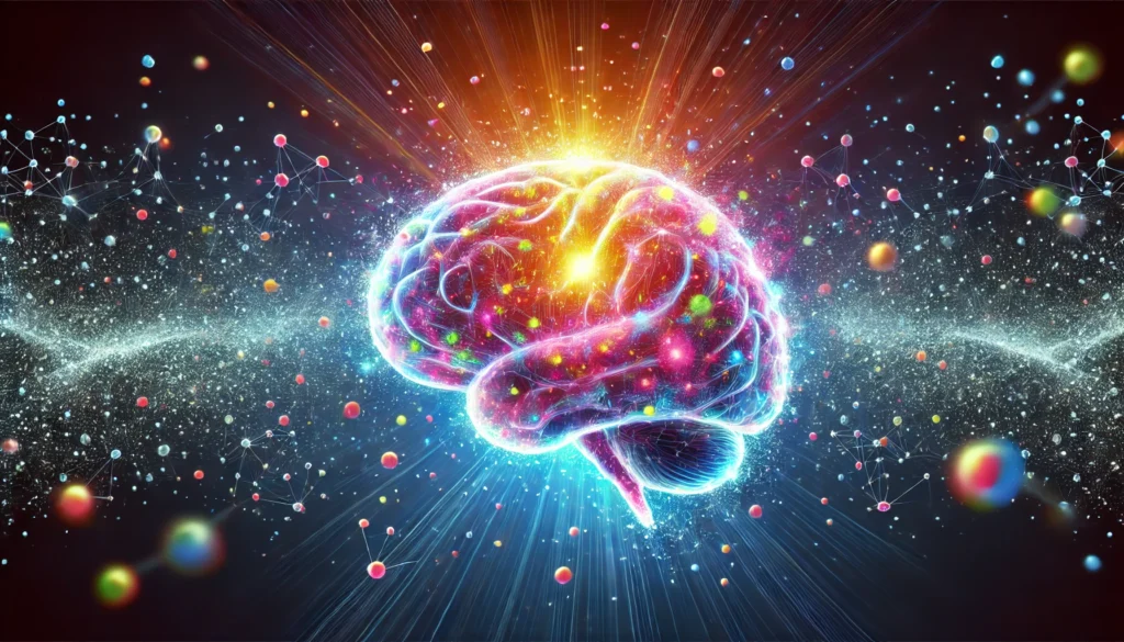 An artistic representation of a healthy brain glowing with vibrant light, surrounded by floating particles dissolving into nothingness. This symbolizes the process of breaking down and reducing brain plaque for improved cognitive health.