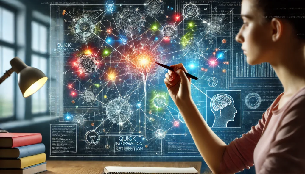 A student applying the 'Mind Mapping' technique for quick retention, drawing a web of interconnected ideas with glowing, colorful branches connecting key concepts in a futuristic study environment.