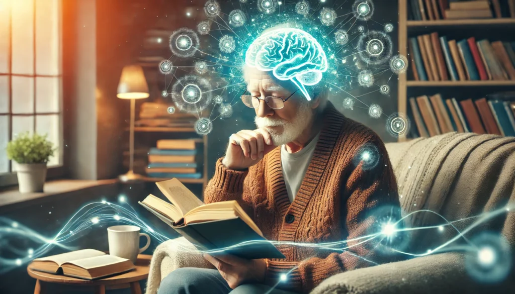 An elderly person reading a book in a cozy setting, with glowing energy waves surrounding their head. The atmosphere represents the cognitive benefits of reading as a mental activity for brain longevity and memory preservation.