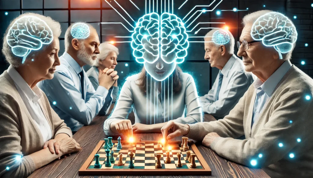 A group of elderly individuals playing a strategic board game, with glowing brain waves representing mental agility and cognitive engagement. The scene symbolizes the role of problem-solving activities in boosting brain longevity.