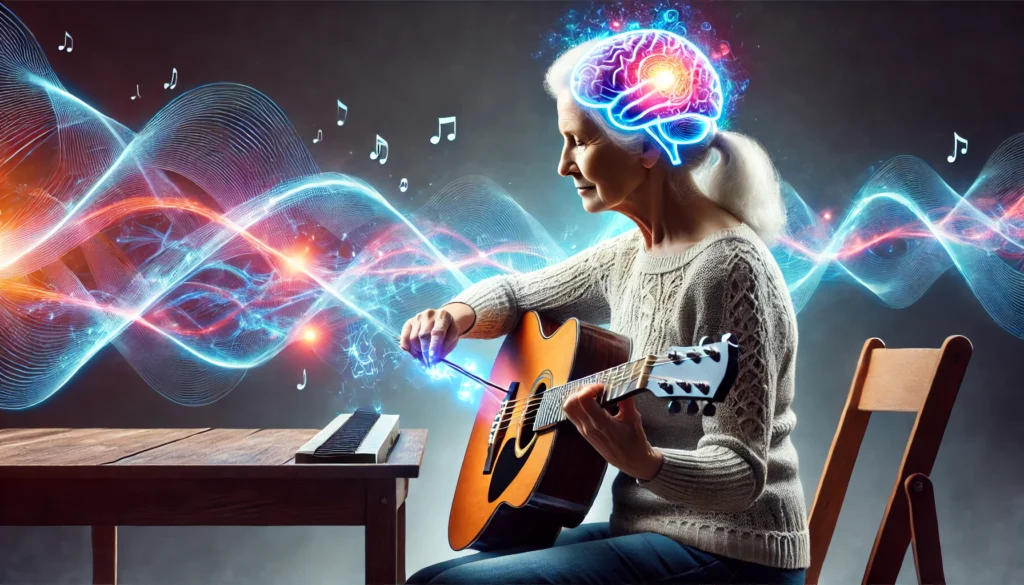 A senior woman practicing a musical instrument, with glowing energy waves surrounding her, symbolizing the positive effects of music on brain longevity. The scene represents the cognitive benefits of learning new skills for mental agility.