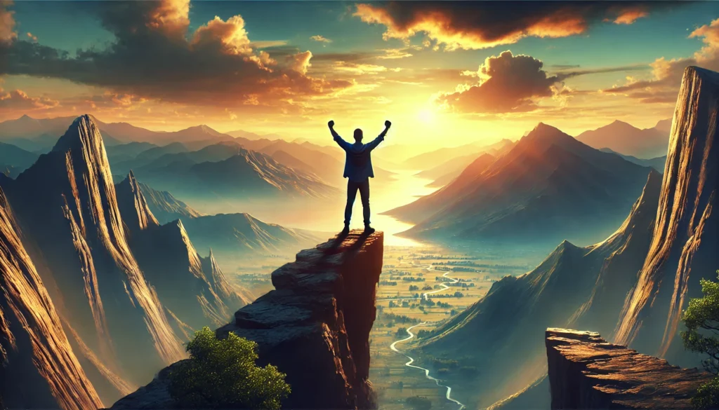 A triumphant figure standing on a cliff, symbolizing success, perseverance, and goal achievement in personal growth