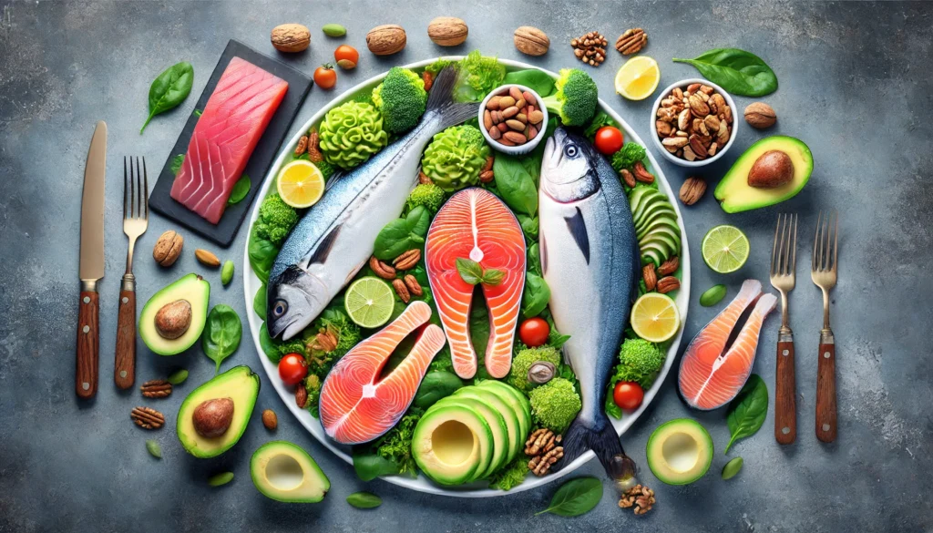 A vibrant seafood platter featuring fresh salmon, tuna, and mackerel, surrounded by brain-boosting ingredients like avocados, nuts, and leafy greens. The presentation highlights the cognitive benefits of omega-3-rich fish for mental health.