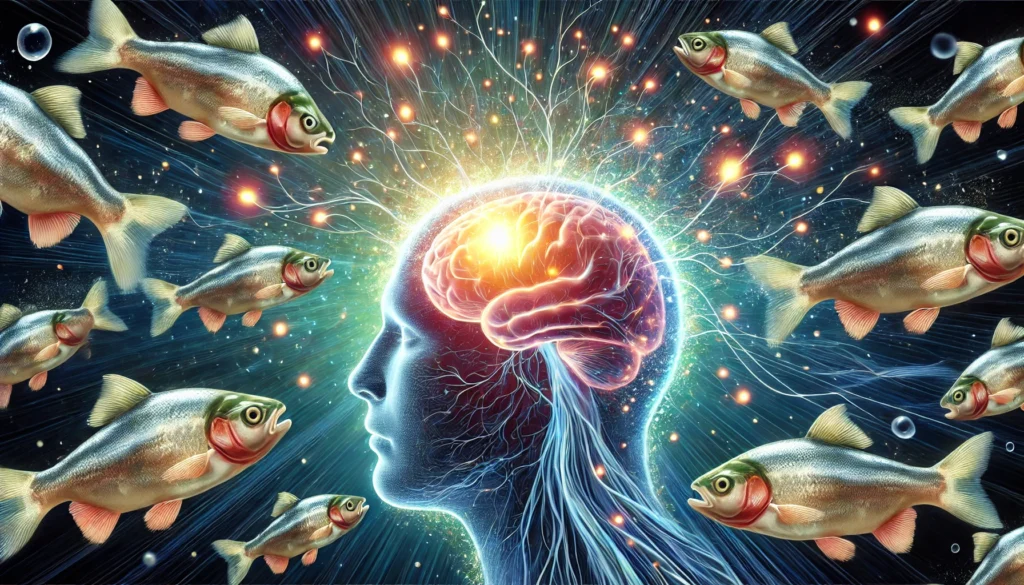 A surreal artistic representation of a glowing human brain with neural pathways radiating energy, surrounded by floating fish rich in omega-3 fatty acids. The image symbolizes the cognitive benefits of consuming fish for brain health and memory function.