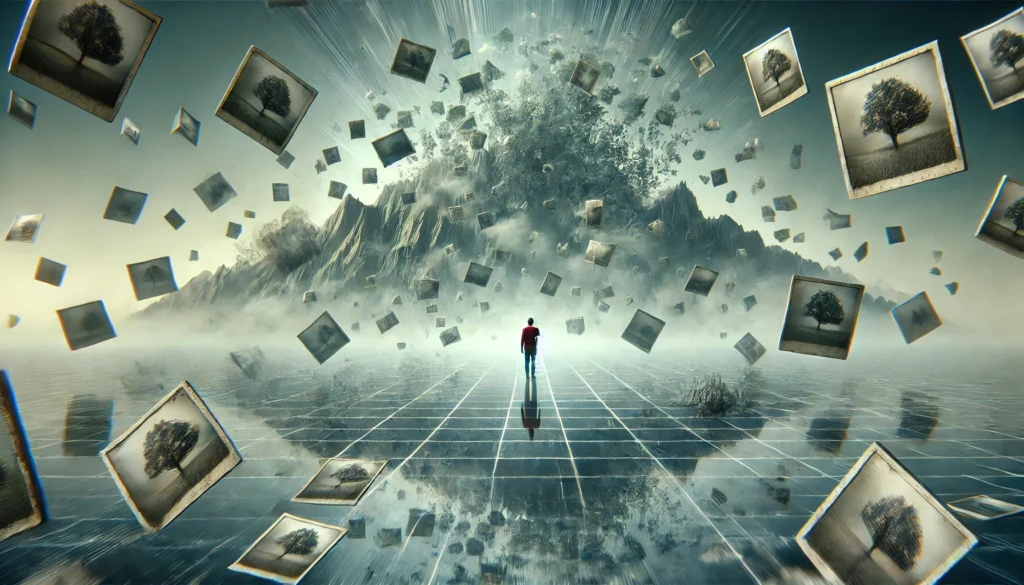 A surreal scene illustrating the cognitive effects of Klonopin. A person stands in a vast, foggy landscape surrounded by floating, fading photographs representing lost memories. Their reflection in a water-like surface appears fragmented and distorted, symbolizing confusion and memory impairment.