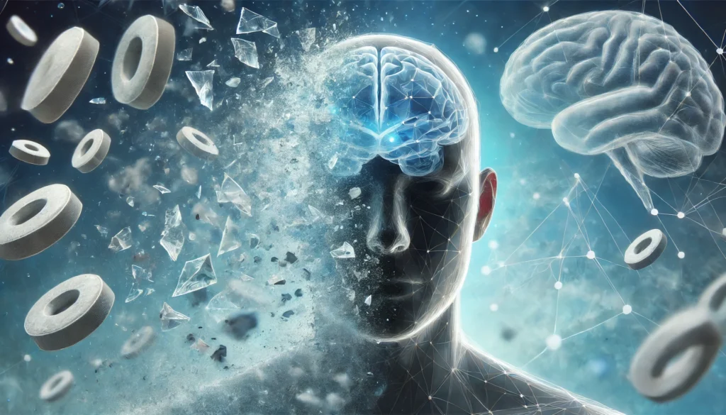 A symbolic representation of Klonopin’s impact on memory. A person’s head appears transparent, with fragments of memories floating away like shattered glass. The background features a soft blue haze representing sedation and cognitive fog, with disconnected neural pathways symbolizing memory disruption.