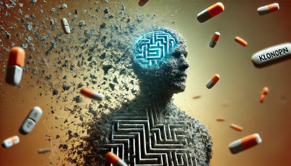 An abstract visualization of memory impairment caused by Klonopin. A dissolving silhouette of a person with their head blending into a maze-like neural structure. The maze is crumbling, symbolizing confusion and memory loss, while floating Klonopin pills drift through the air, reinforcing cognitive disruption.